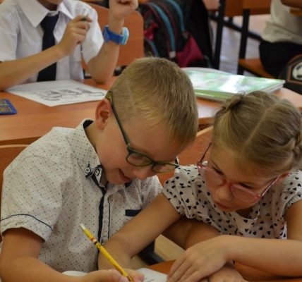 Two diverse elementary school children classmates studying together at desk