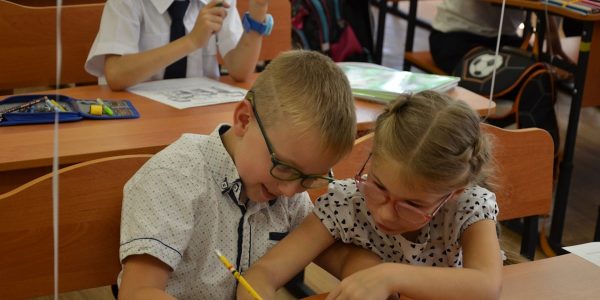 Two diverse elementary school children classmates studying together at desk